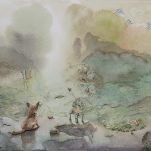 Aquarelle Haute Sphère I – un renard assis au bord d’une eau calme, levant les yeux vers une colonne de lumière, près d’une boule de cristal d’où naît un oiseau